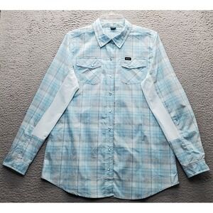 NRS Western Guide Shirt Womens Large Multi Plaid Slim Fit Collar Pearl Snap EUC